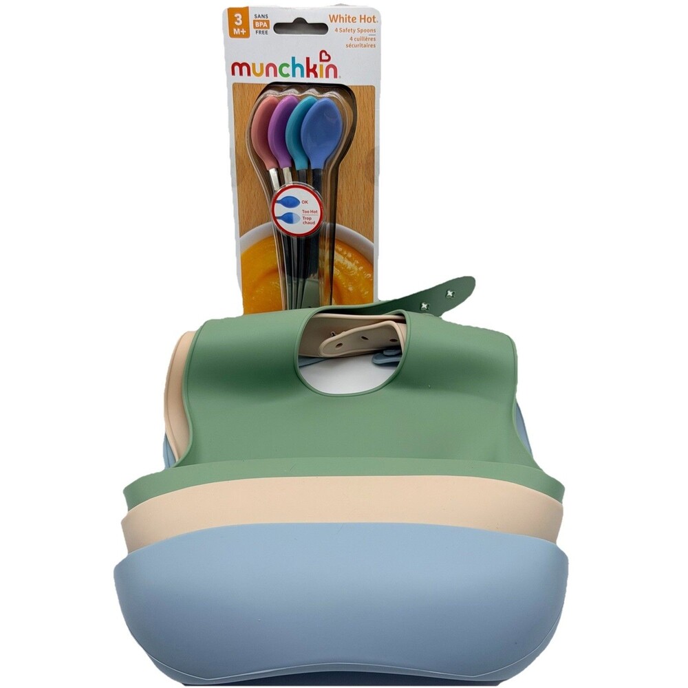 NEW Munchkin White Hot 4 Safety Spoons, BPA-Free, and 3 Silicone Bibs